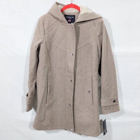 London Fog Sherpa Hood Wool-Blend Coat-Petite Small-Taupe Heather-New with Tags - Picture 3 of 7